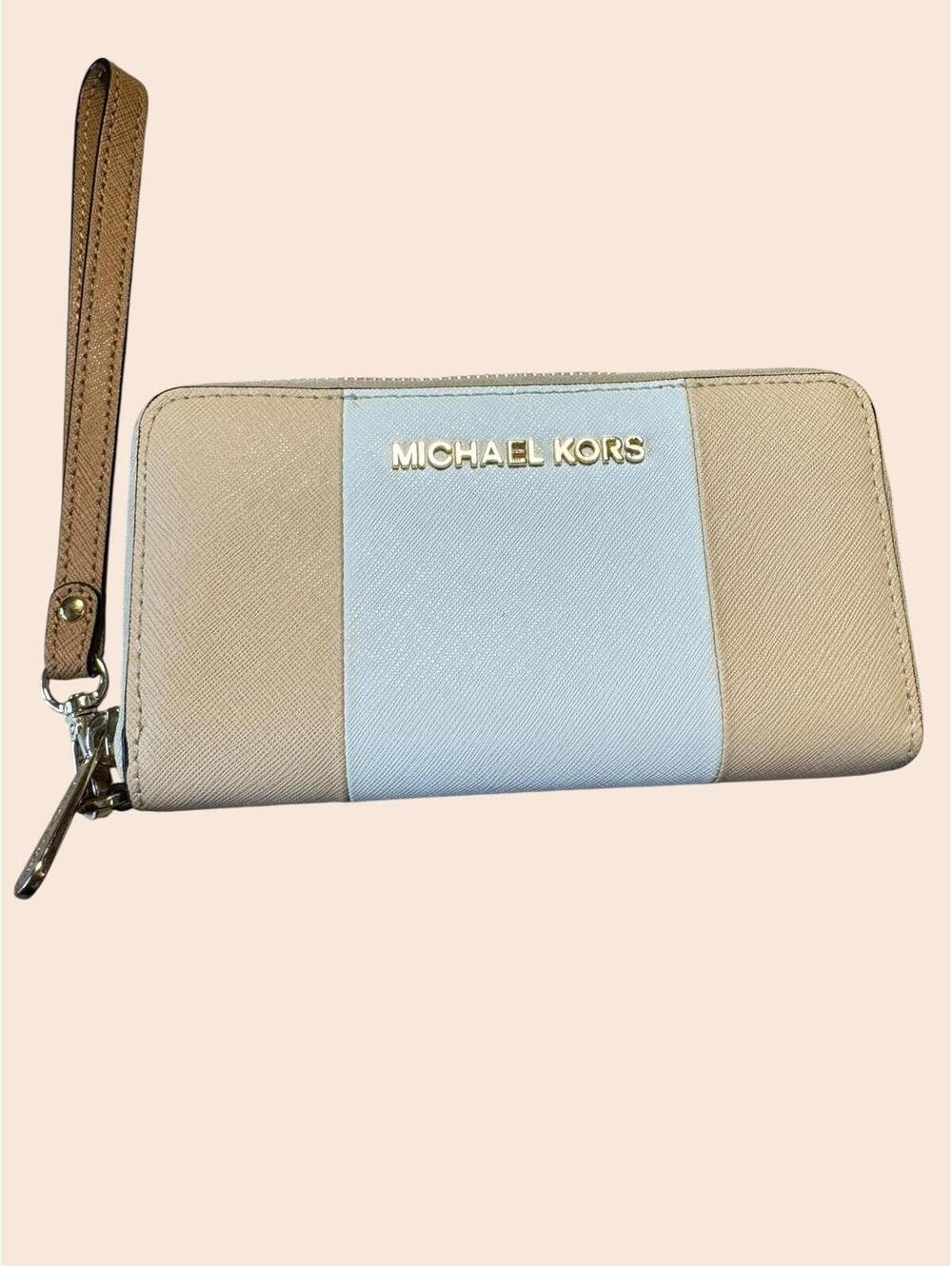 Michael Kors Wristlet Wallet in Beige and White